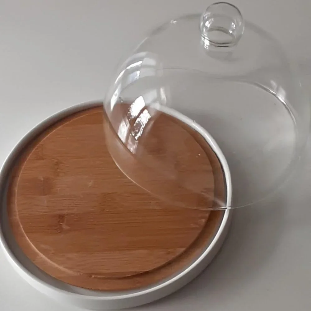 Wood & Ceramic CHEESE BOARD with Glass Dome Cover